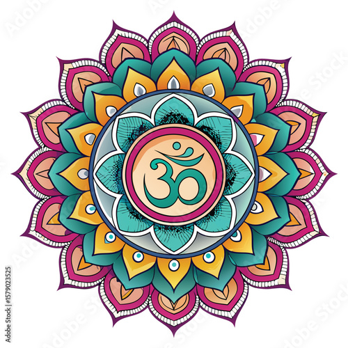 A spiritual mandala featuring Om symbols and chakra elements, promoting peace and harmony.