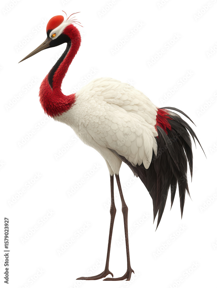 Fototapeta premium Isolated sarus crane standing tall with red head and neck against a black background