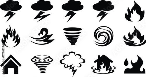 Natural Disaster Icons. Tornado, Flood, Fire, Storm Vector Set. Weather Hazard. Risk Icons. Vector Safety, Illustration Pack