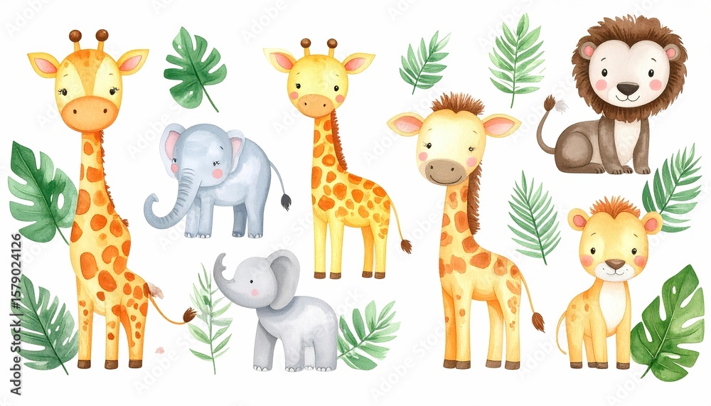 Naklejka premium Cartoon safari animals in watercolor style, set against colorful, whimsical jungle scenes.