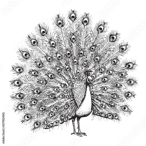 Vintage engraved peacock with fully spread feathers drawn in detailed black and white line style