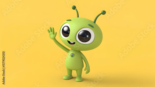 Cute alien waving hello yellow background