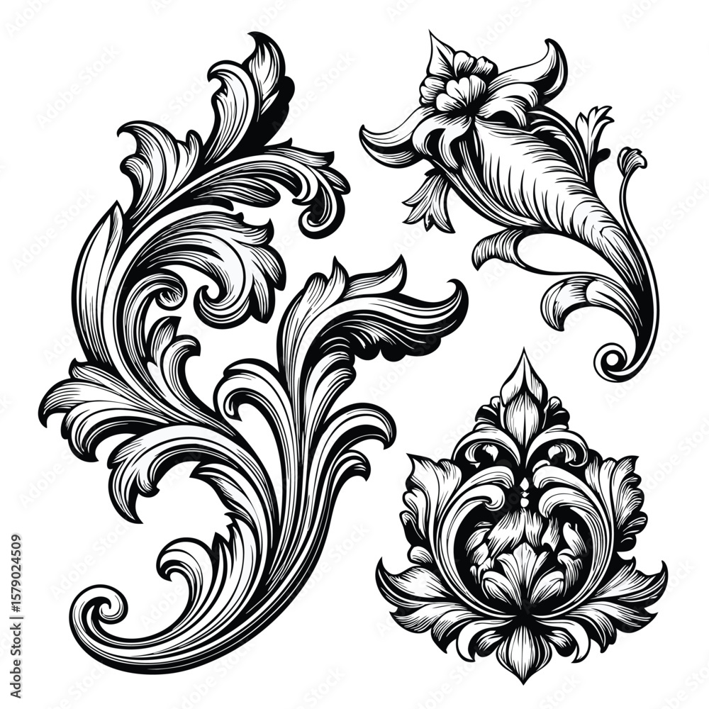 Ornate black and white floral scrolls baroque ornament