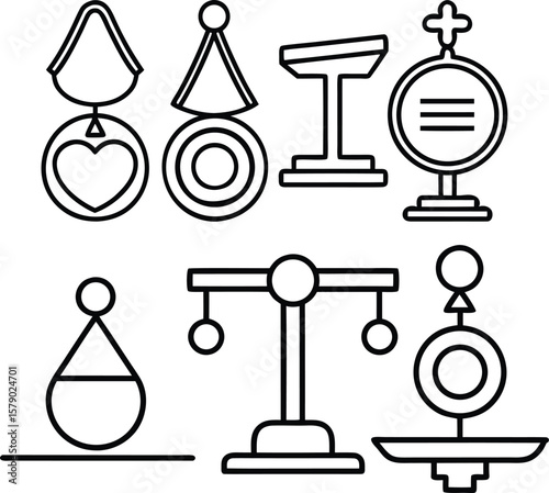 Line art icons: awards, balance scales, and equilibrium symbols; minimalist design, neutral mood.