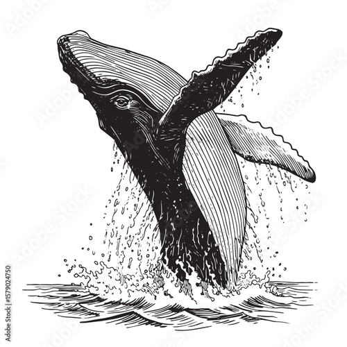 engraving whale vintage hand drawn