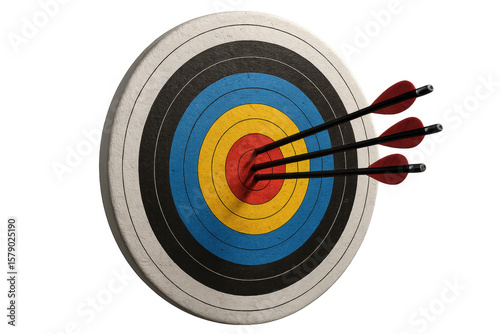 Three arrows hitting the center of archery target on transparent background