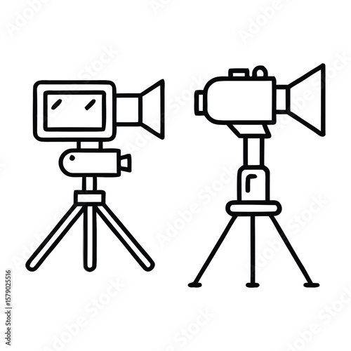 Video Camera on Tripod Icon Set . Minimal Videography Equipment Icons . Outline Camera & Tripod Icon for YouTube, Film, Media