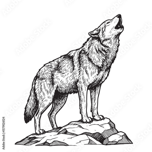Engraved howling wolf with raised head standing atop rock in bold black line vintage style