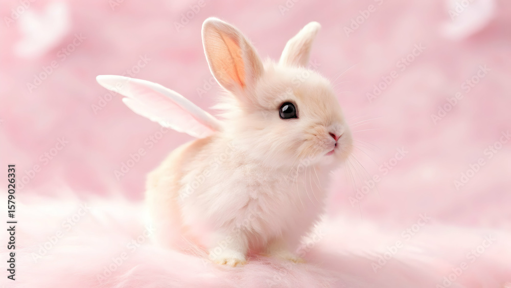 Obraz premium Floating bunny with tiny wings pink background