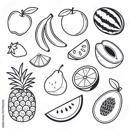 Hand drawn fruit collection outline illustration apple