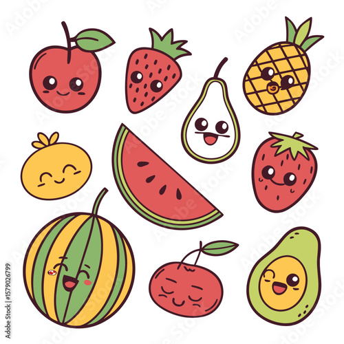 Kawaii fruits and watermelon slice with happy faces