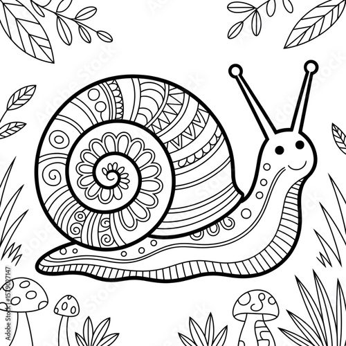 Beautiful line drawing of a snail coloring page
