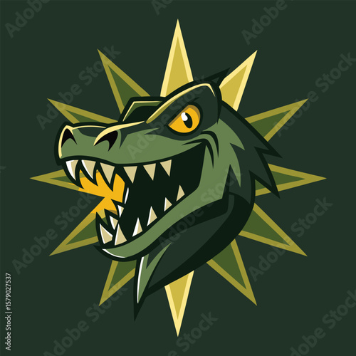 Stylized green dinosaur head with yellow starburst