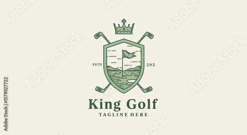 Elegant King Golf Logo Design with Crown, Shield, and Clubs
