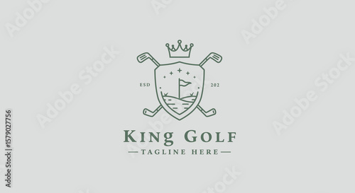 Elegant King Golf Logo Design with Crown, Crossed Clubs, and Shield