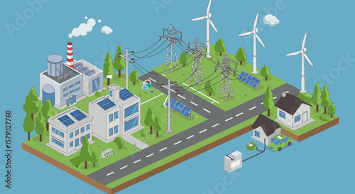 Isometric Green Energy Landscape with Wind Turbines, Solar Panels, and Electric Car