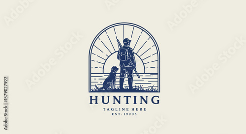 Vintage Hunting Logo Featuring Hunter, Dog, and Landscape Scene