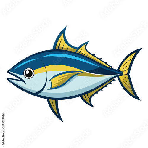 A tuna fish shown in side profile with a prominent dorsal fin, sleek and ready for the ocean.
