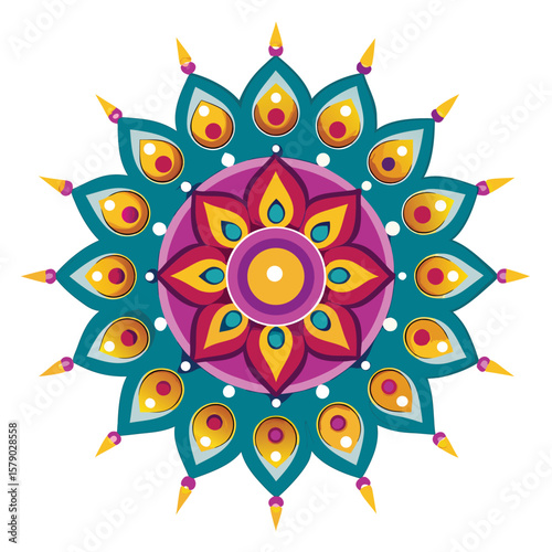 A vibrant mandala composed of miniature Diya lamps, symbolizing light, hope, and Indian tradition.