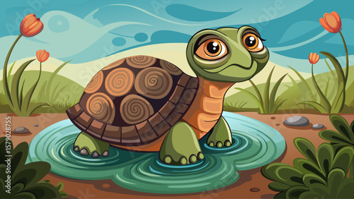 close up  Portrait A thoughtful turtle sits by a pond, shell patterned in soft black swirls. Its cartoon face stares at its reflection, peaceful and curious, representing patience in quiet surrounding