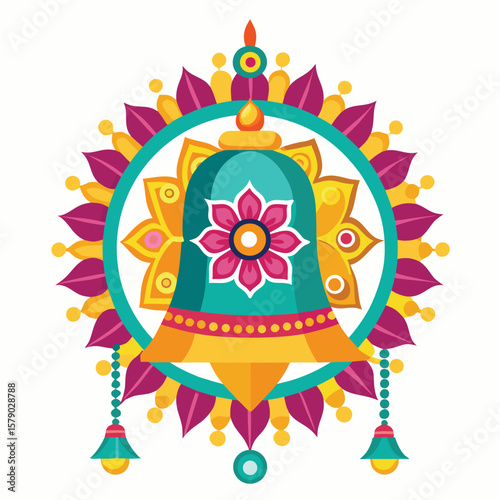 A vibrant temple bell and flower garland mandala design, symbolizing peace and spiritual beauty.