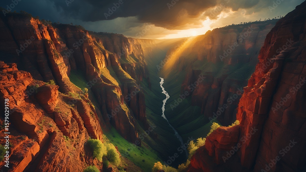 Fototapeta premium Sunlit canyon with river and dramatic sky