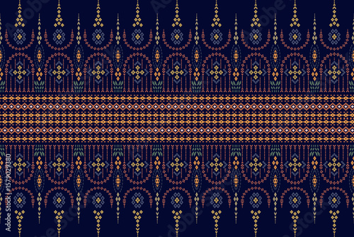 A contemporary ethnic woven fabric pattern on a dark blue background, featuring prominent geometric and curved lines arranged symmetrically and intricately, showcasing refinement and uniqueness.