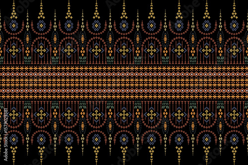A contemporary ethnic woven fabric pattern on a black background, featuring intricate and symmetrical arrangements of geometric and curved lines, reflecting cultural refinement and uniqueness.