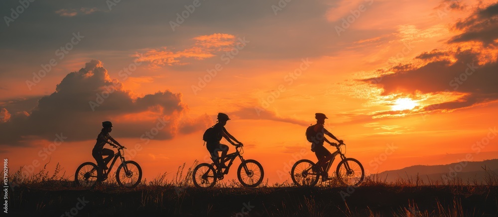 Fototapeta premium Silhouettes of three cyclists at sunset