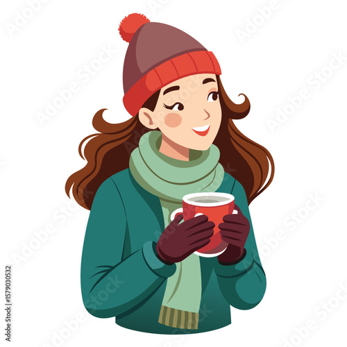 A cozy woman in a winter outfit with a beanie, scarf, and warm smile, ready for cold weather.