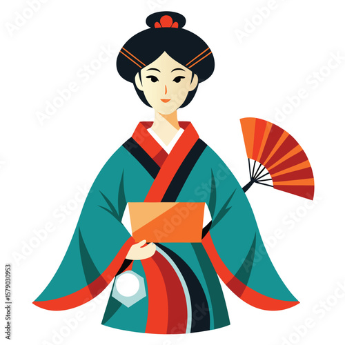 A graceful woman in traditional Japanese kimono holding a fan, elegant and cultural.