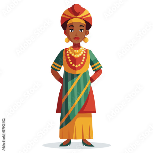 A proud woman in traditional African dress with a colorful headwrap, showcasing rich culture.