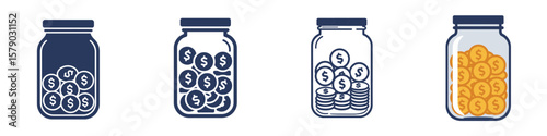 Jars filled with coins in various amounts and colors for savings  