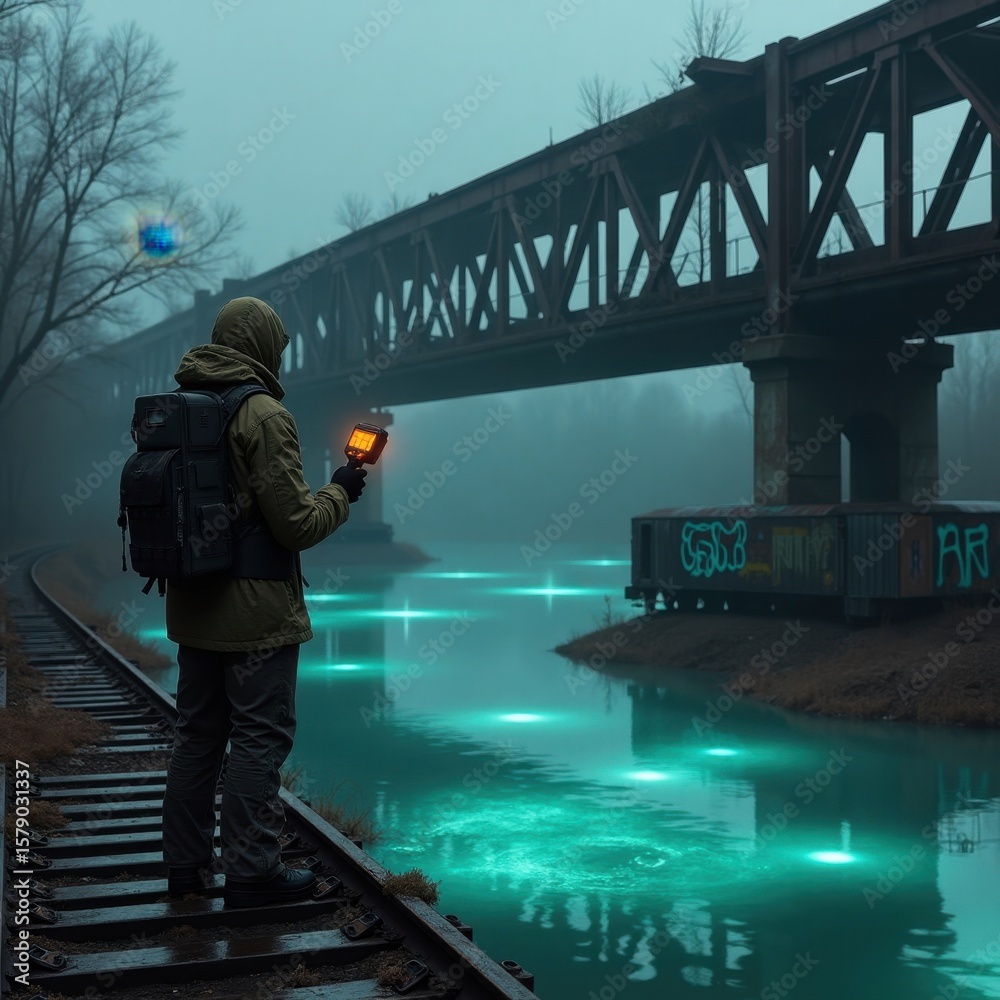 Fototapeta premium A person with a backpack holding a device on a railway near a river under a bridge in a foggy landscape
