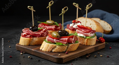Delicious tapas with ham, olives, and fresh vegetables on rustic wooden board for culinary delights