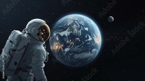 Astronaut gazes at Earth from space with moon nearby spacesuit white