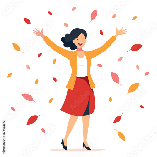 A serene woman standing under falling petals, arms open wide, embracing nature's beauty.