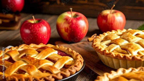 Golden baked apple pies with lattice crust, red apples, and autumn atmosphere on wooden surface ready for seasonal dessert