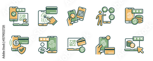 set of mobile transfer secure payment icon line set online purchase cashless transaction barcode security password credit card success transfer signs vector illustration