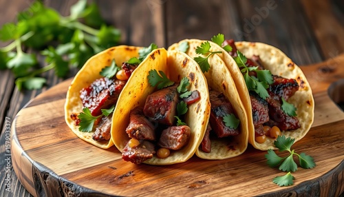 Grilled flank steak tacos on rustic wooden board, cilantro garnish, tortilla, dinner