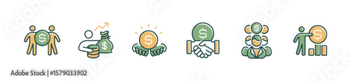 collection of business success investment icon line set people investor holding coin money asset signs vector illustration