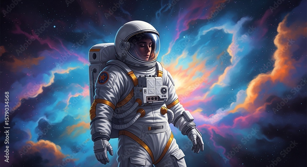 Fototapeta premium Cosmic Wonder: Psychedelic 70s Astronaut Floating in Space Illustration