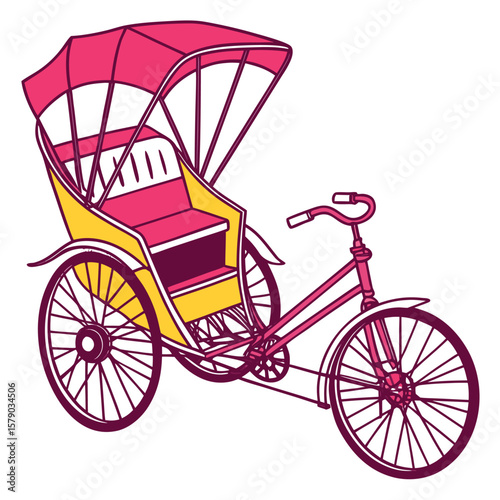 Vintage Asian Rickshaw: Colorful Pedal-Powered Passenger Vehicle Illustration