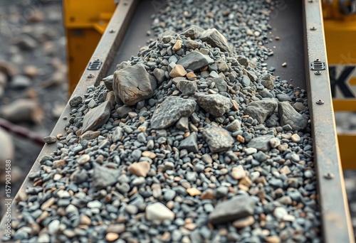 Heavy-duty conveyor belt crushing rock into gravel, mining, particle