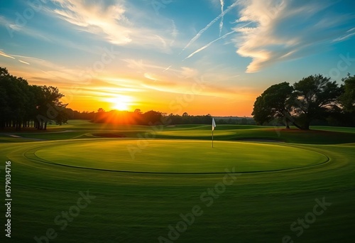 Elegant golf course landscape at sunset with green fairway and flags,  invitation,  game