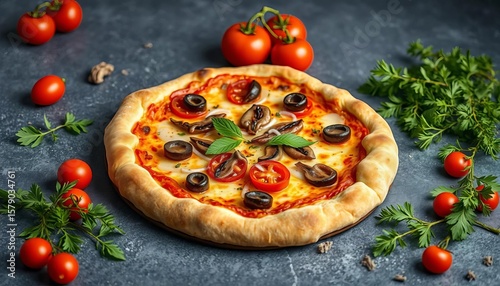 Homemade sun-dried tomato, mushroom & olive pizza Italian cuisine delivery, menu, home cooking