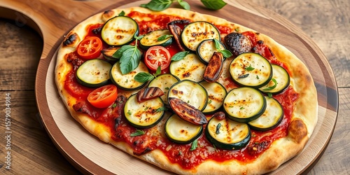 Homemade vegetarian pizza featuring grilled zucchini slices on a rustic wooden board,  grill,  oregano