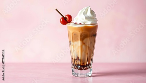 Iced coffee drink with ice cream in a faceted glass, pastel background,  glass,  advertising