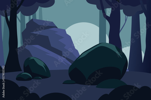boulders nestled in forest shadows