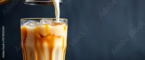 Iced coffee with milk, dripping from a pour-over device into a glass,  beverage,  summer drink